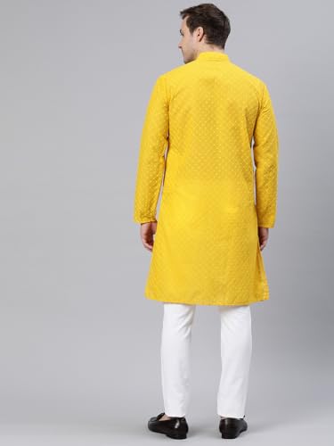 Image of Majestic Man Men's Cotton Blend Regular Fit Casual Polyester Mandarin Collar Ethnic Motifs Embroidered Long Regular Kurta