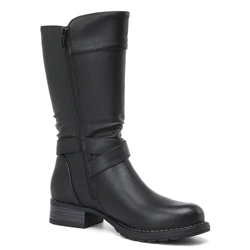 DECARSDZ Women's Mid-Calf Boots Fall Low Heel Fashion Ladies Combat Motorcycle Boots2