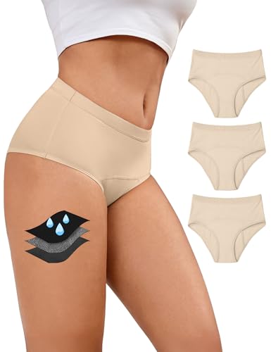 Becotal Periodenunterwäsche für Starke Blutung Unterhosen Mittel Taille Menstruationsunterwäsche Damen & Mädchen Hochsaugfähig & Auslaufsicher Periodenslip 3er Pack Beige L