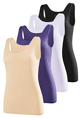 AMVELOP Elastic Tank Tops for Women Undershirts Pack of 4 Slim-Fit Camisole Black/White/Navy Blue/Apricot XL