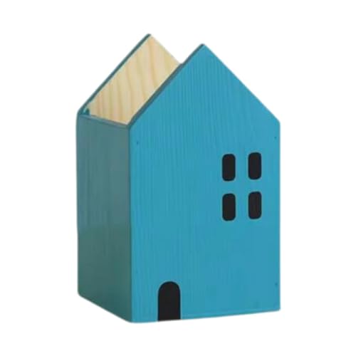 LckCryspho 木製 ペンシルカップ ピンク 約8×8×13cm ミニチュアハウス型 多機能 ストレージボックス メイクブラシ収納 との互換性あり (青)