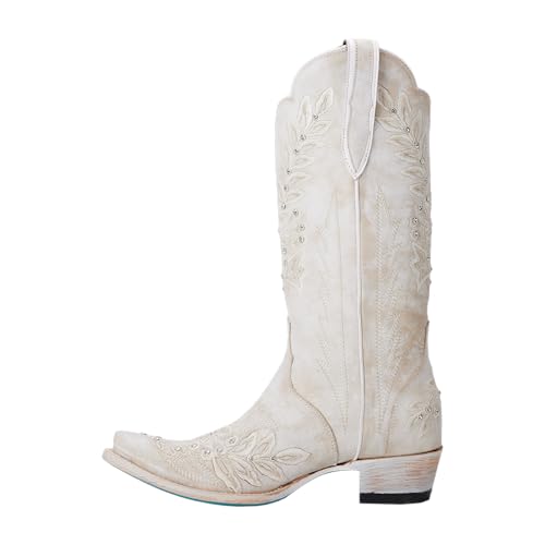 Lane Womens Destiny Embroidered Studded Snip Toe Casual Boots Mid Calf Low Heel 1-2" - White4