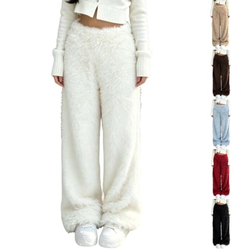 PXQIRMR Wide Leg Pants for Women Fuzzy Elastic Waist Winter Lounge Pants - image 1