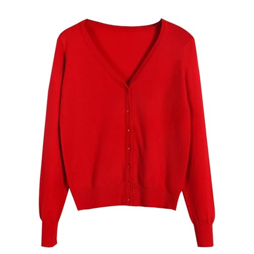 Cárdigan de punto para primavera y otoño para mujer, manga larga, cuello en V, con aire acondicionado, adelgazante, rosso, L