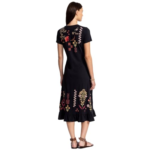 Johnny Was Malaya Short Sleeve Ruffle Hem Dress Cotton Floral Embroidery Black New4