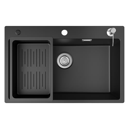 CECIPA Lavandino Cucina Nero 70x45 cm, Lavello Cucina 1 vasca in Granito con Dispenser per Sapone e Cestello di Scarico, Incasso al mobile 80cm, con Sifone