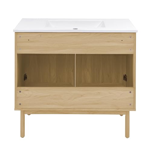 Image of Swiss Madison Classe 36 inch Freestanding Bathroom Vanity in Natural Oak with Sink Top