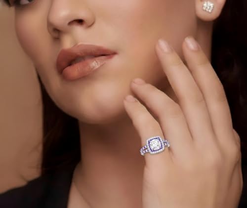 Image of 55Carat Choose Your Gemstone Double Band Square Halo Diamond CZ Ring 925 Sterling Silver Round Shape Halo Engagement Rings Everyday Jewelry Wedding Jewelry Handmade Gifts for Wife US Size 4 to 12