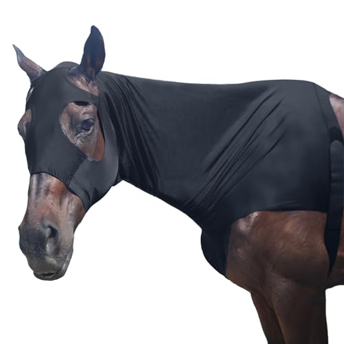 Image of Horse Slinky Hood with Zipper, Stretch Spandex Sleazy Hood for Mane Protection, Breathable Horse Neck Cover for Show Prep, Braids Saver, Sleek Grooming Under Blanket Use Black XX-Large