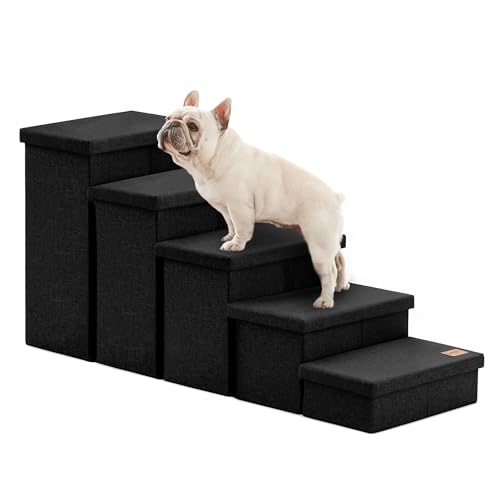 Love's cabin Dog Stairs for High Bed, Foldable Pet Stairs for Small Medium or Large Dogs Puppy with Storage for Bed or Couch, Cat Dog Steps Ramp with Zip up to 200 lbs, Black, 5 Steps
