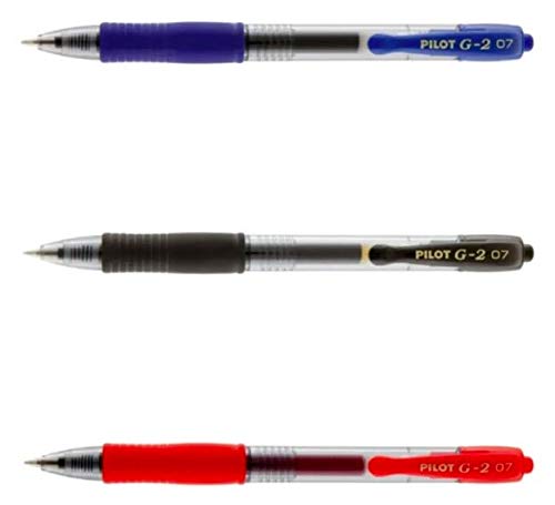 Canetas esferográficas Pilot G2 retrátil de tinta de gel premium, ponta 0.7mm, pacote com 3, tinta preta, azul e vermelha