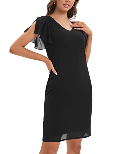 Cobciecs Robe Mousseline avec Manches Epaule Denudee Volant Robe Droite Femme Trapèze Noire Col V Robe Slim Femme Sexy Noir,L Cover