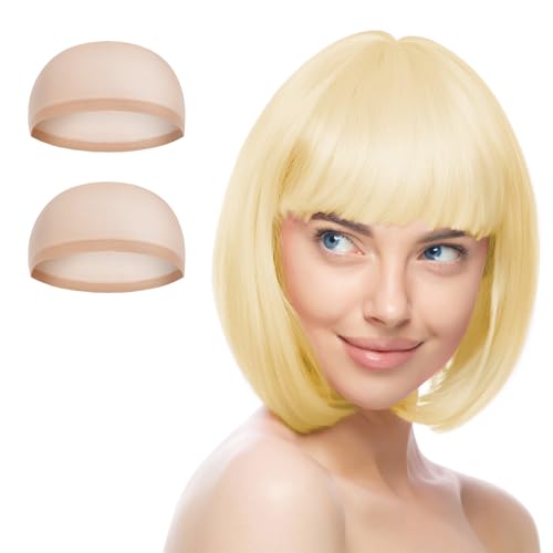 Aomig Parrucca Caschetto, Set di 2 Parrucche Colorate con Cappuccio e Retine Elastiche, Parrucche a Spalla di Bob per Carnevale, Halloween, Feste e Cosplay, Oro Bianco