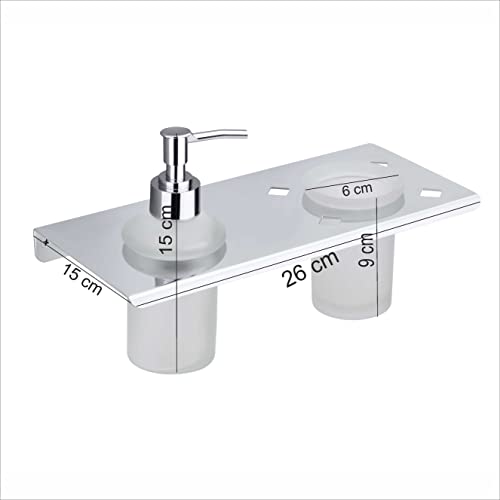 Image of Stainless Steel Toothbrush Holder with Glass Tumbler & Liquid Soap Dispenser Set - Wall Mounted 2-in-1 Bathroom Organizer, Chrome Finish (Square /Frosted Glass) (E 3512)
