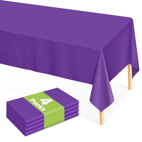Image of Mulbozy Purple Plastic Table Cloth Disposable 4 Pack, 54 x 108 Inch Tablecloths Rectangle, Purple Plastic Table Cover for Party Decor