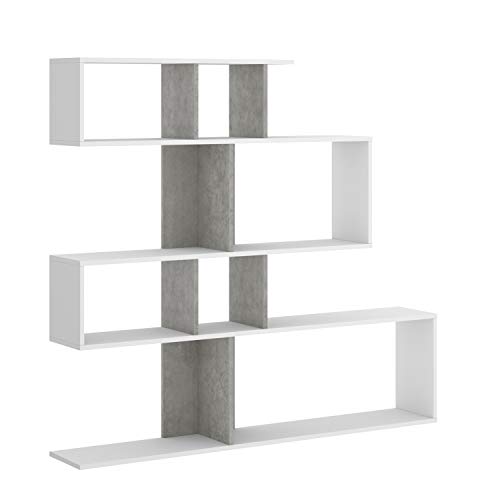 HABITMOBEL Estantería librería Zig Zag, estantería Comedor, Salon o despacho, Medidas: 130 x 139 x 25 cm Fondo (Blanco y Gris Cemento)