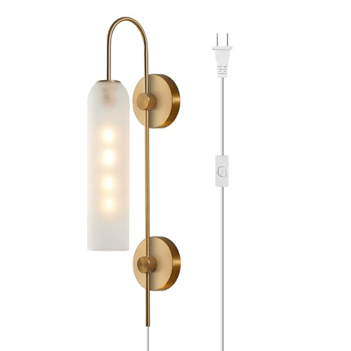 Image of BOKT Mid Century Modern Plug in Wall Sconces Indoor Long Brushed Gold Milk White Glass Sconces Wall Lighting Single Wall Sconce Bathroom Vanity Light Brass Wall Mounted Light Fixture (White)