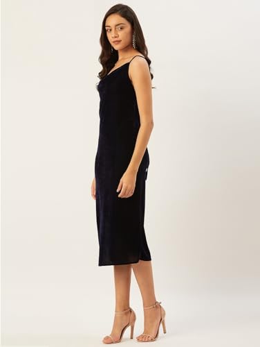 Image of Anvi Be Yourself Women's Solid Shoulder Strap Sleeveless Velvet Midi Bodycon Dress || Trendy Womens Cowl Neck Strappy Sheath Casual Dress with Side Slit || Western Plain One Piece Dress for Women