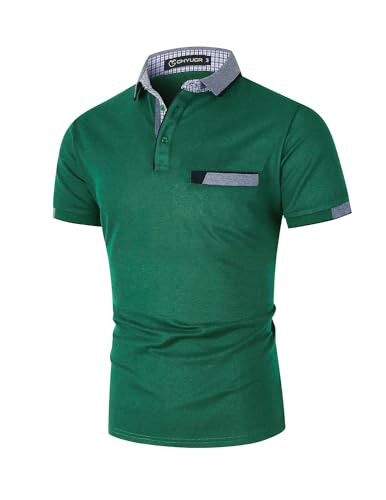 GHYUGR Men's Short Sleeve Polos with Classic Plaid Splice Pocket Golf Polo Shirts S-2XL (M, Green 01)