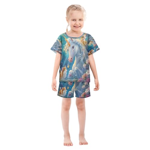ALAZA Unicorn Cat Kitten Butterfly Flower Pajamas Set Short Sleeve Cotton Sleepwear Summer Pjs 2 Piece 5-14Y3