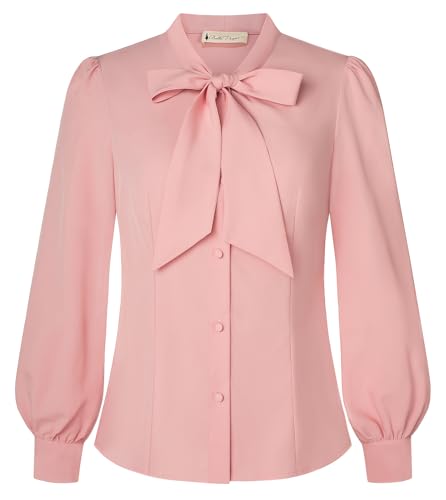 Belle Poque Women's Bow Tie Neck Blouse - Button Down Long Sleeve Collared Shirt for Work Office Casual