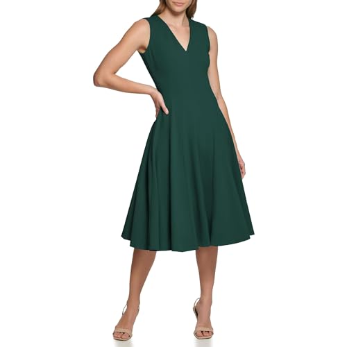 Image of Calvin Klein Womens Sleeveless V-Neck Crepe Knee Length Fit & Flare Dress