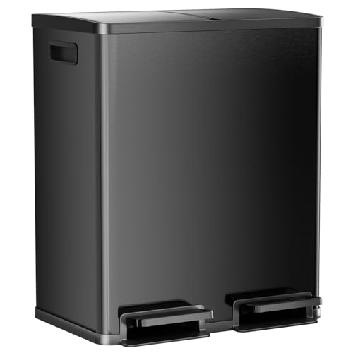 Image of DUMOS Kitchen Trash Can, 2x8-Gallon Dual Trash Can with Lid, Stainless Steel Garbage Bin with 2 Removable Inner Buckets, Soft-Close Foot Pedal for Kitchen, Home, Office, Glossy Black