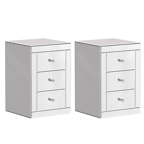 Joiemebi Table de Chevet Miroir en Verre, Meuble de Rangement avec 3 Tiroirs pour Chambre, Salon, Bureau, 40 x 40 x 60 cm (2)