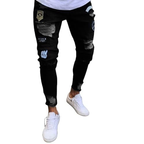 Jeans Pants Trousers Denim Street Trendy Knee Piercing Embroidered Zipper Slimming Commuter Small Leg for Men