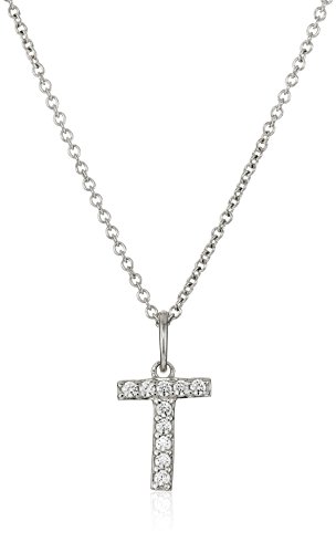 Platinum Plated Sterling Silver T Initial Pendant Necklace set with Swarovski Zirconia (.2 cttw)