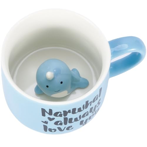 Komoke Taza de ballena 3D, linda taza de ballena con ballena 3D en el interior, taza de café de cerámica de 350 ml para niños, mujeres y amantes de las ballenas, regalo divertido (ballena azul)