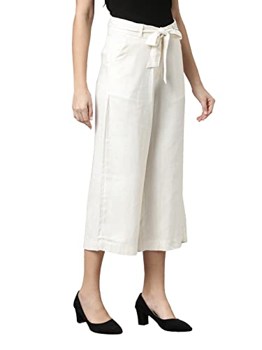 Image of GO COLORS Solid Linen Culottes for Women | High Rise, Side Pockets, Front tie-up