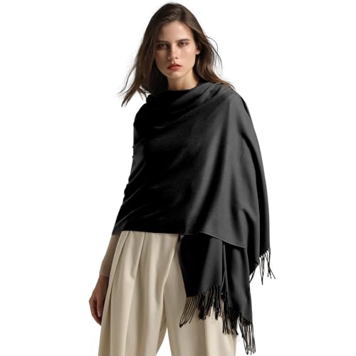 Anboor Super Soft Cashmere Blanket Scarf with Tassel Solid, Black, Size Large
