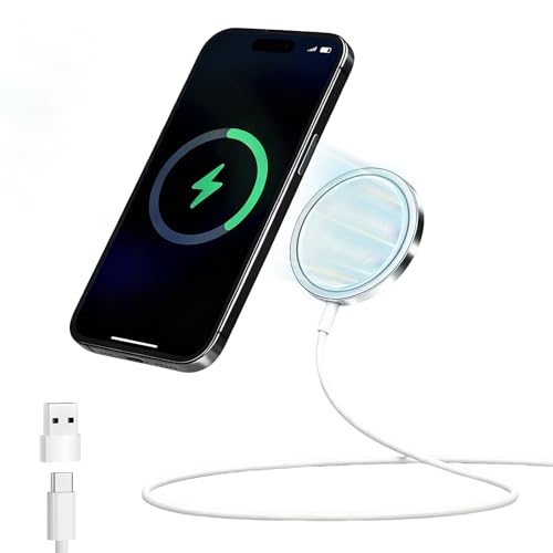 SJACXANM Cargador Inalámbrico Magnético para iPhone 15w, Cargador Rápido, Cargador Inducción para iPhone y AirPods, Cargador Magnético a USB‑C, Compatible con PouriPhone (blanco)