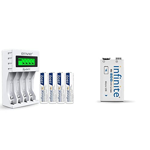 Image of ENVIE (ECR11MC + 2800 4PL) SprintX Ultra Fast Rechargeable Batteries Charger && ENVIE Infinite 9V 800 maH Li-ion Rechargeable Battery ERB 9V MU