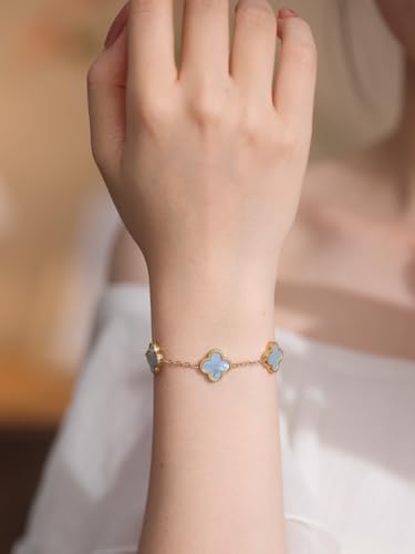 Genuine Mother of Pearl Four Leaf Clover Bracelet, 18K Gold Plated Dainty Jewelry, Lucky Charm Gift for Women (Pearl White/Ocean Blue/Sweet Lilac)2