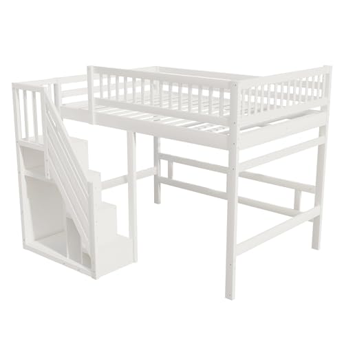 Etagenbett 140x200, Kinderbett Hochbett mit Treppe und Aufbewahrungsschrank, Funktionsbett Doppelbett Stockbett Spielbett Kinderhochbett Jugendhochbett mit Lattenrost, Massivholz, Ohne Matratze, Weiß