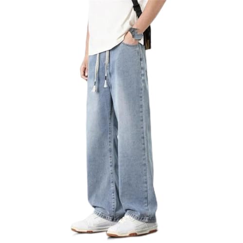 Men's Light Blue Relaxed Wide Leg Jeans Elastic Waist Straight Fit Summer Casual Pants