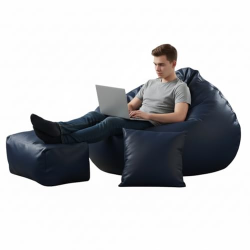 Image of Luxury 5XL Jumbo Bean Bag with Footrest & Cushion | Premium Leatherette | High-Density Beans Filled | Heavy Duty Double Stitch | 6 Months Warranty Color- (Navy Blue) (Navy Blue)
