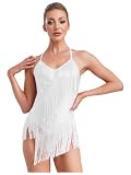 YiZYiF Maillot de Gimnasia Rítmica para Mujer Leotardos Patinaje Sin Mangas y Sin Espalda con Pedrerías Brillantes y Borlas para Baile Latino Jazz Blanco L