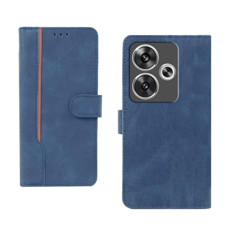 Image of amazon basics Poco F6 5G Flip Cover | Card Pockets Wallet & Stand | Flip Cover for Poco F6 5G (Blue with Beige Strip)