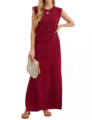 Enmain Robe Longue Femme Ete sans Manches Col Rond Robes Casual Femme Chic et Elegant Élastique sans Repassage avec Poches Latérales et Fentes, Taille XL,...