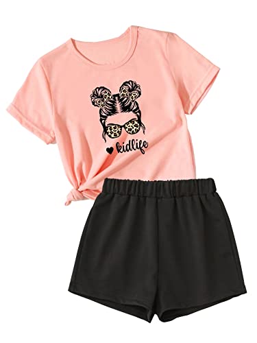 Kid Toddler Girl Clothes Summer Ruffle Sleeve Figure Graphic Tee Shirt + Shorts Summer Outfits Set