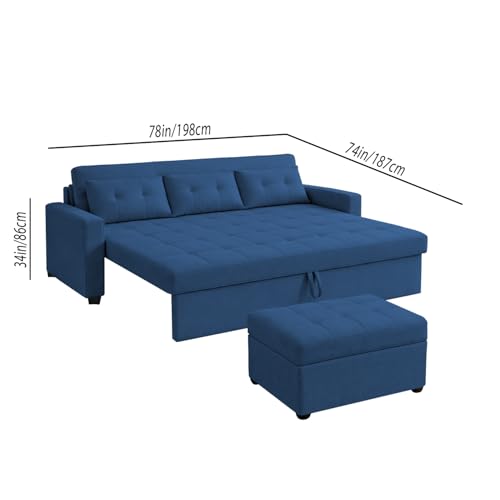 Image of Emilio 3 Seater with Ottomon Pull-Out Sofa Cum Bed (Blue Color) Premium Fabric Sofa Set for Living Room | Bedroom