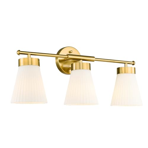 Image of Bathroom Light Fixture, HWH 3-Light Brushed Gold Vanity Lights for Bathroom Modern Vanity Sconce Lighting Over Mirror, Wall Lamp with Frosted White Striped Glass, 5HZG97B-3W BG
