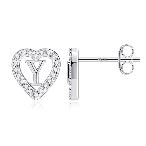 Image of Anoup Heart Initial Earrings for Girls Gifts - S925 Sterling Silver Post CZ Hypoallergenic Stud Initial Earrings for Women Teen Girls Birthday Gifts for Kids Jewelry