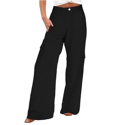 Pantaloni in lino da donna larghi a gamba larga, pantaloni cargo a pieghe elasticizzati in vita pantaloni leggeri da spiaggia con tasca, Nero , M