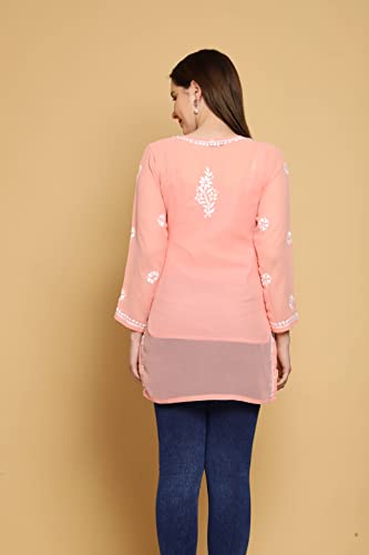 Image of Ada Women's & Girl's Georgette Hand Embroidered Lucknow Chikankari Regular Fit Short Kurti Top with Slip A911300