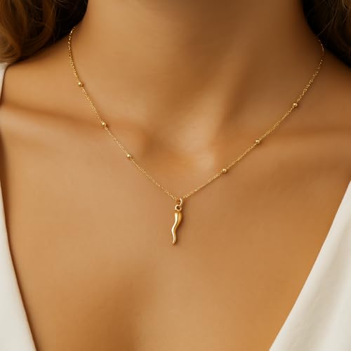 Dainty Italian Horn Necklace – 14K Gold Plated 925 Sterling Silver Cornicello Pendant – Gold Laminated Rosary Chain – 16”+2” – Made in Italy – Good Luck Talisman Jewelry for Women2