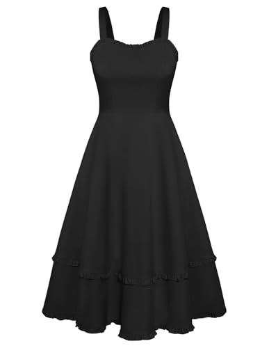 Damen Langes Blumenkleid Vintage 50s mit Rüschen Ärmellos A Line Kleid Schwarz L